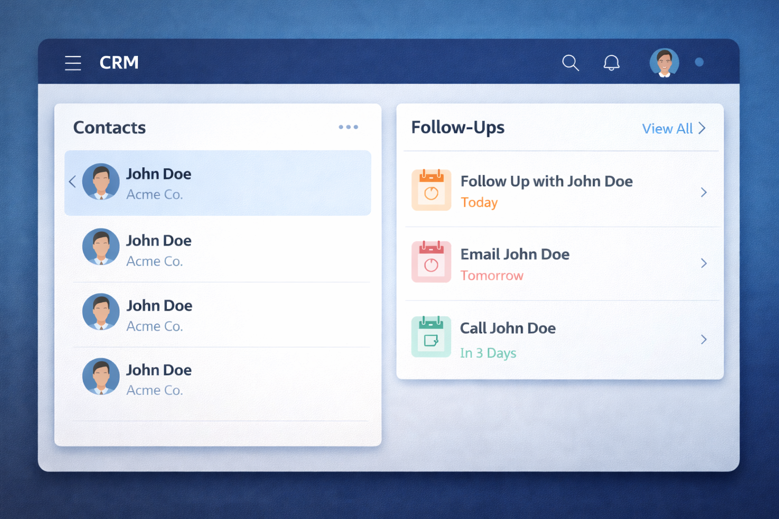 Simple CRM view with contacts and follow-up reminders